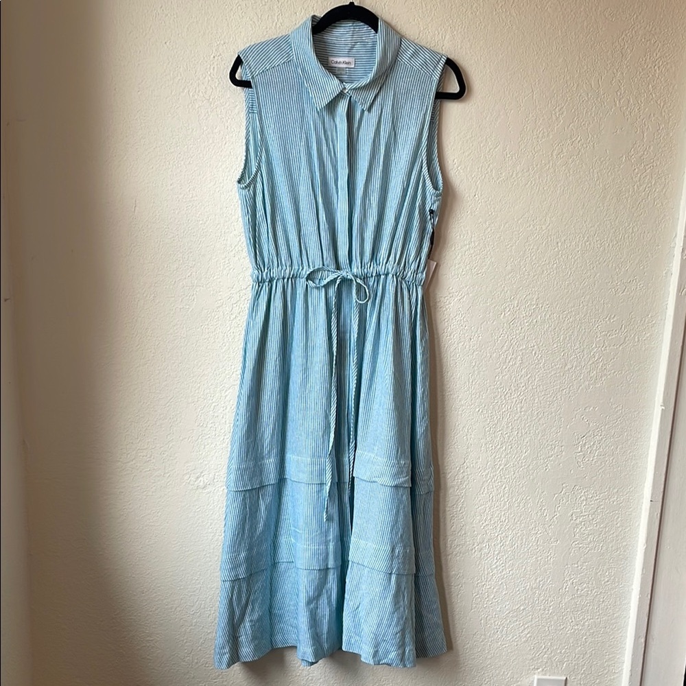 Calvin Klein Blue Polo Collar Sleeveless Midi Dress